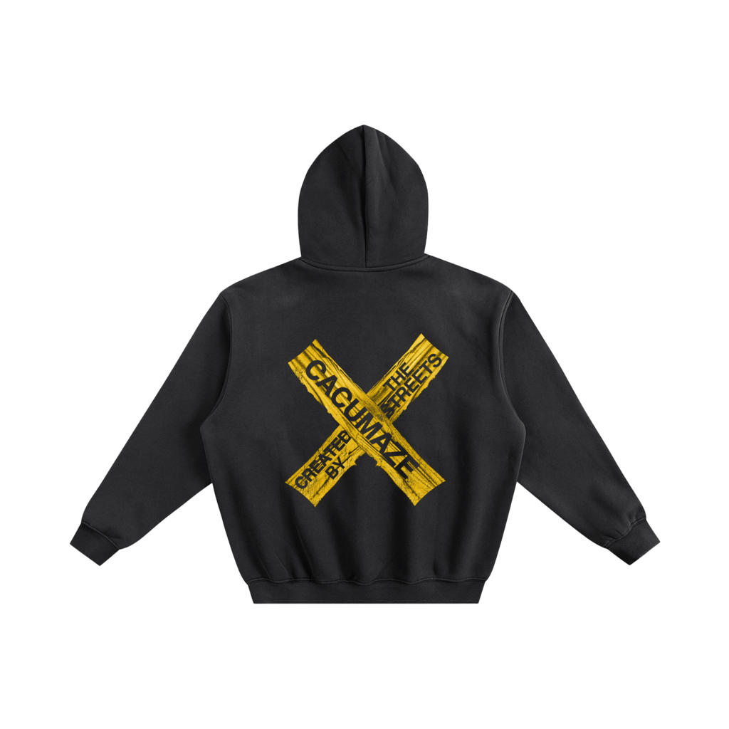 Black hoodie with yellow graphic design on the back against a white background