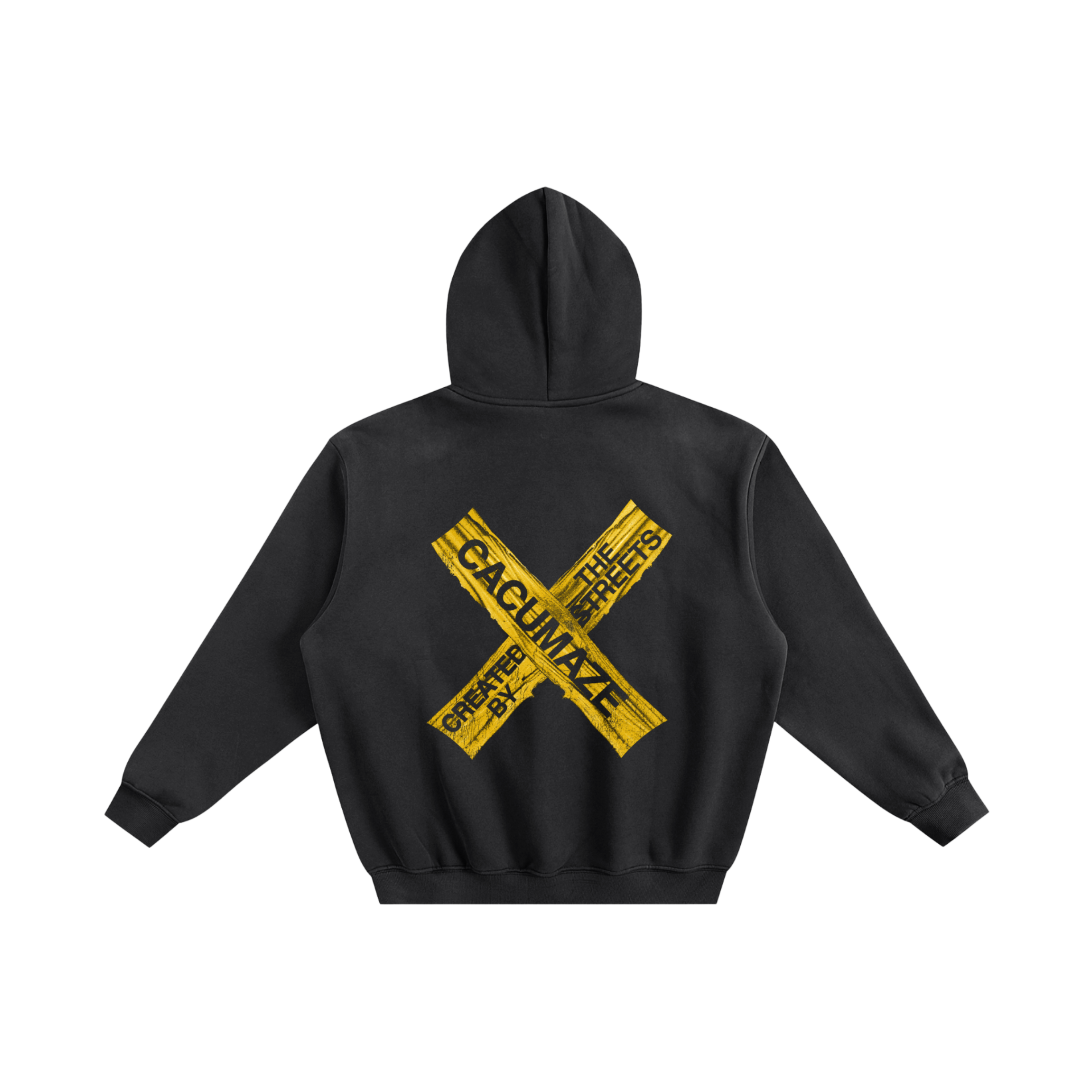 Black hoodie with yellow graphic design on the back against a white background