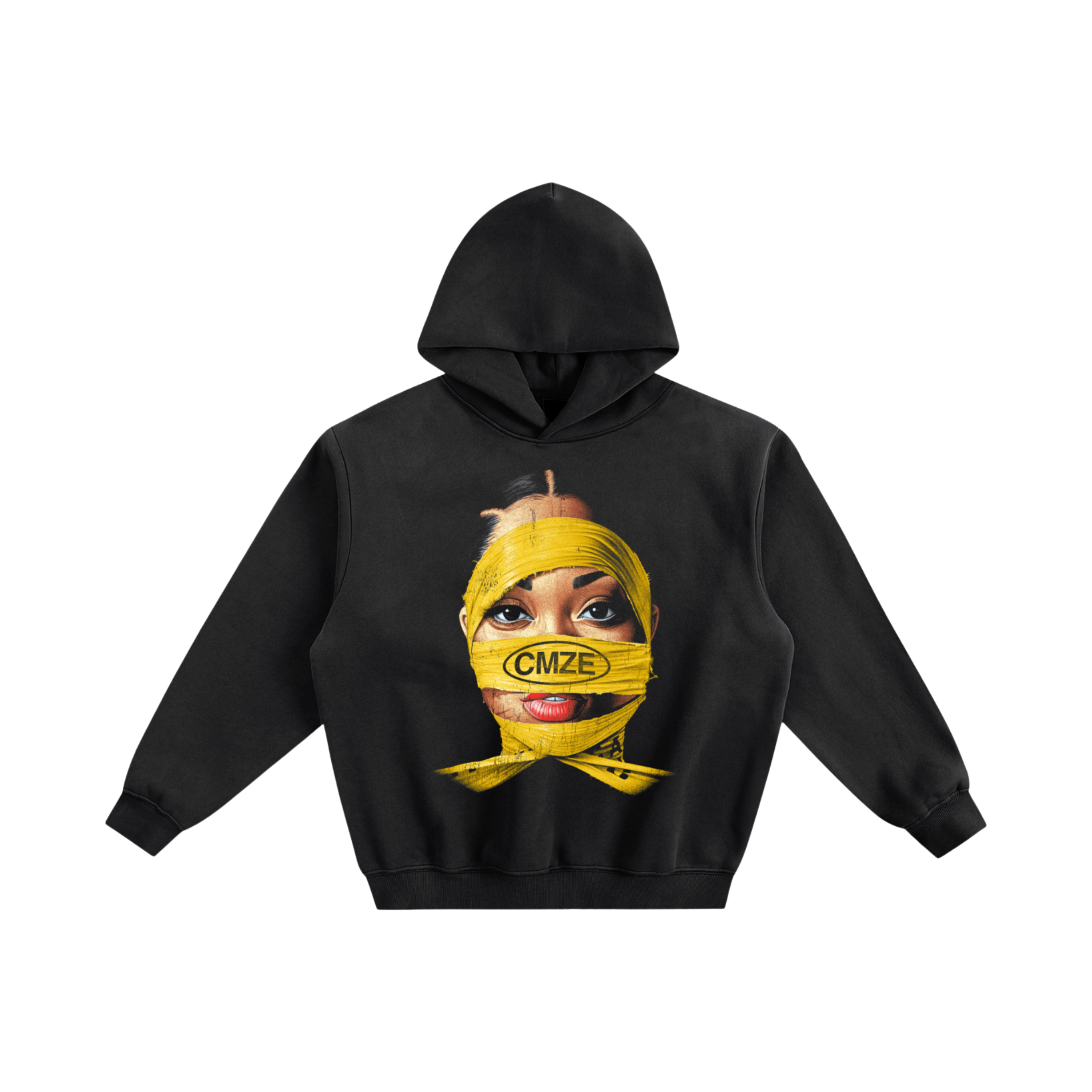 Black hoodie with a graphic of a face with a yellow bandage and 'CMZE' text on a white background