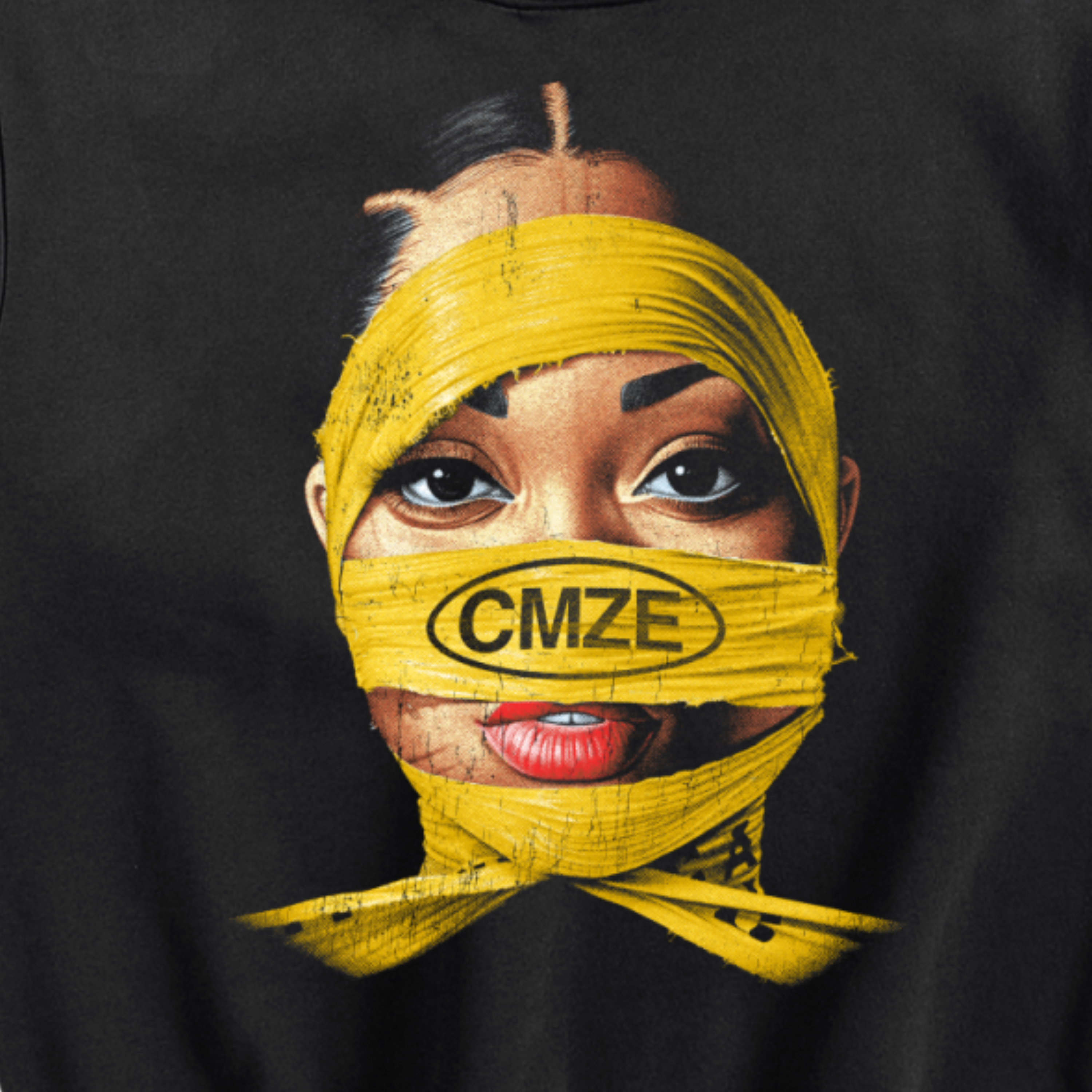 Black jumper with a graphic of a person with yellow wrap displaying 'CMZE'.