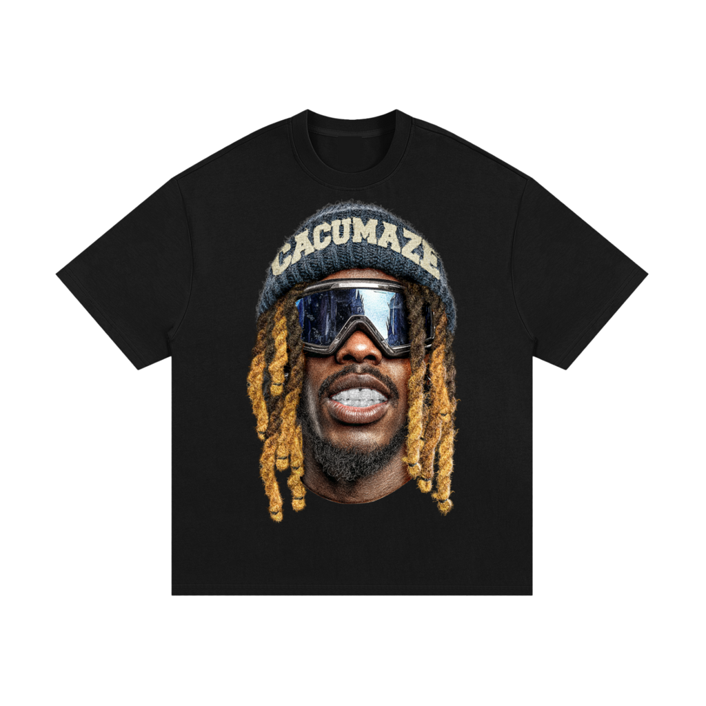 Black t-shirt with a graphic of a person wearing goggles and a beanie on a white background