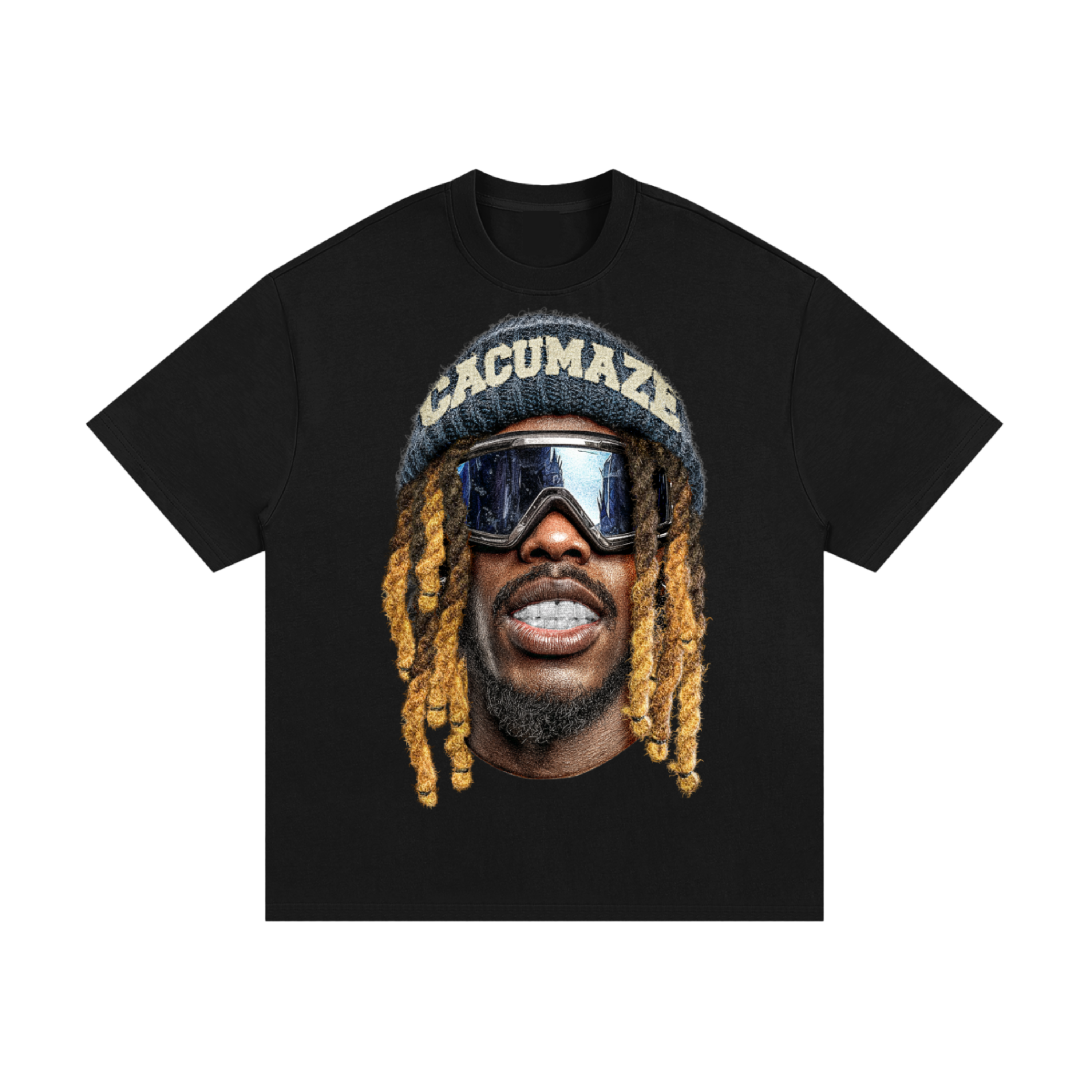 Black t-shirt with a graphic of a person wearing goggles and a beanie on a white background