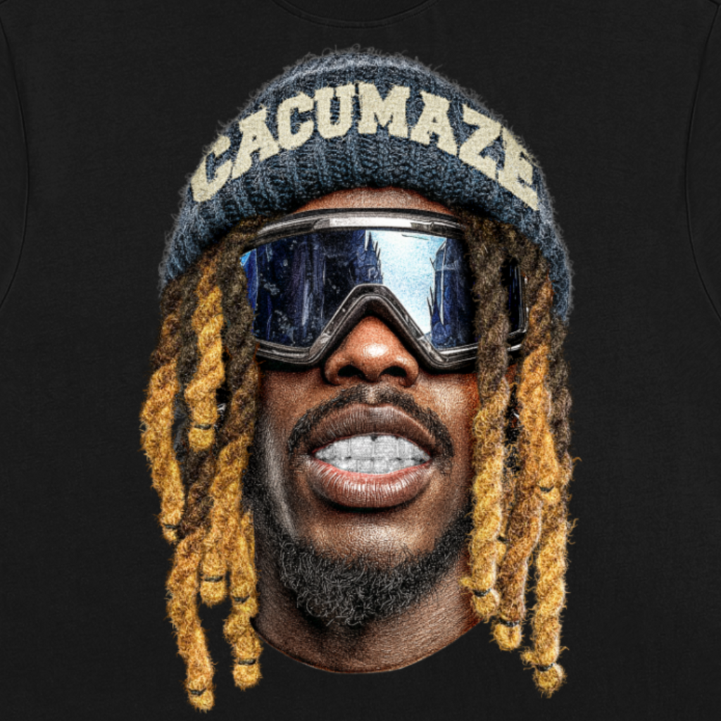 Black t-shirt with a graphic of a person wearing sunglasses and a beanie on a white background