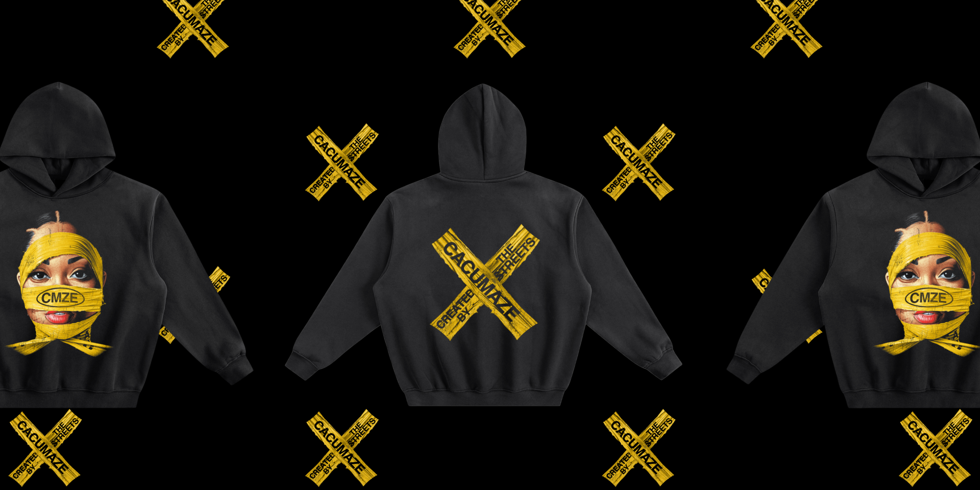 Black hoodies and black jumpers with yellow graphic designs on a black background