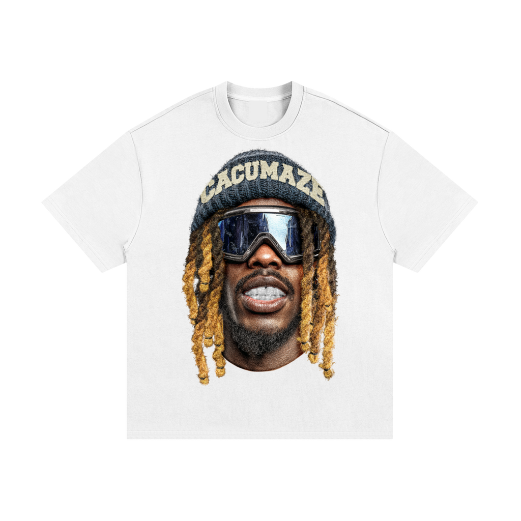 White t-shirt with a graphic of a person wearing goggles and a beanie on a white background
