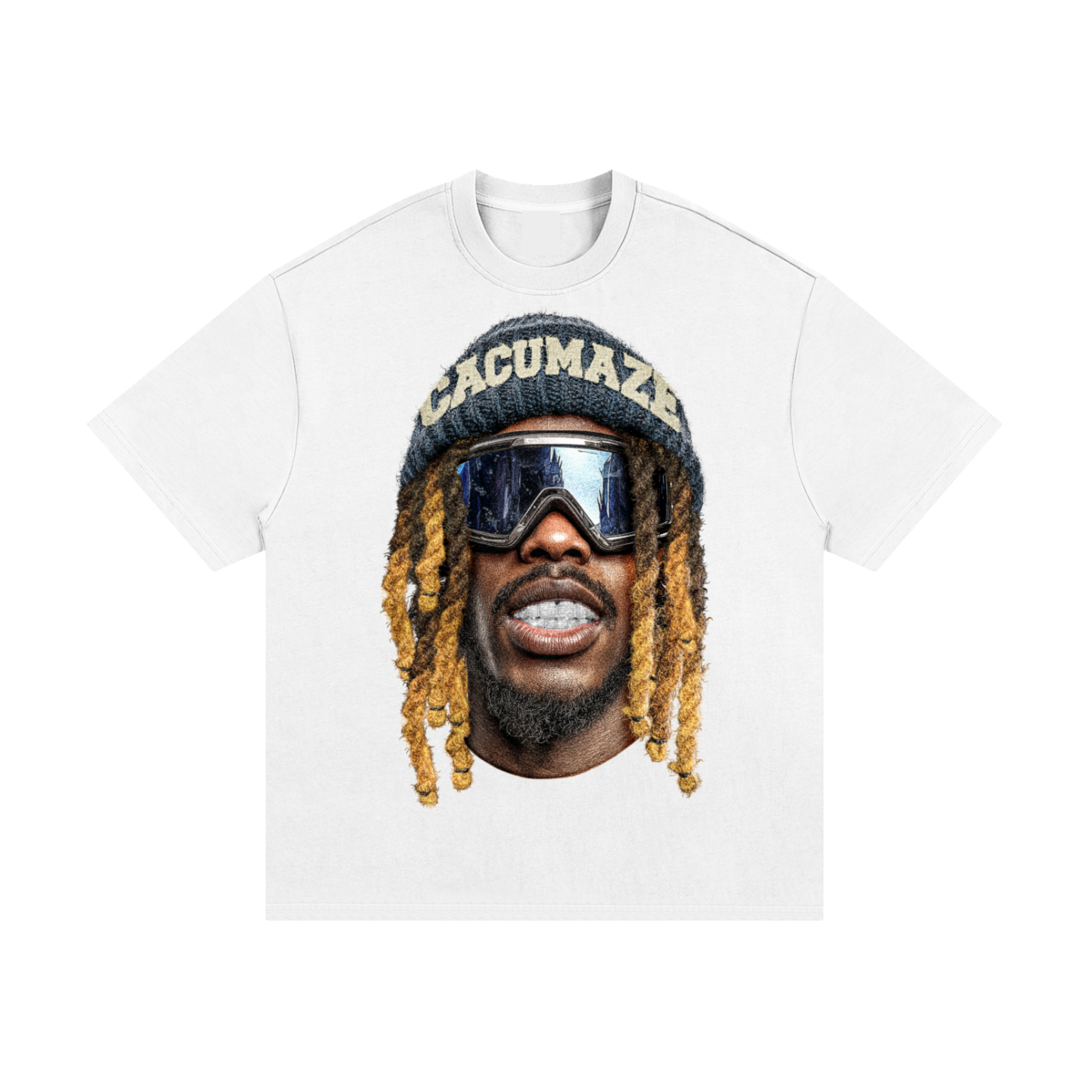 White t-shirt with a graphic of a person wearing goggles and a beanie on a white background