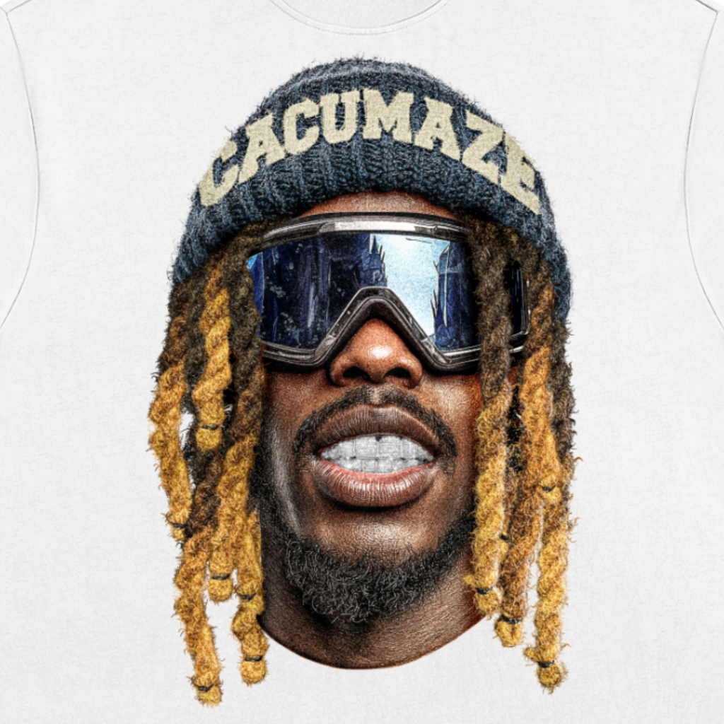 Person wearing a beanie with 'CACUMAZE' text and goggles on a white background
