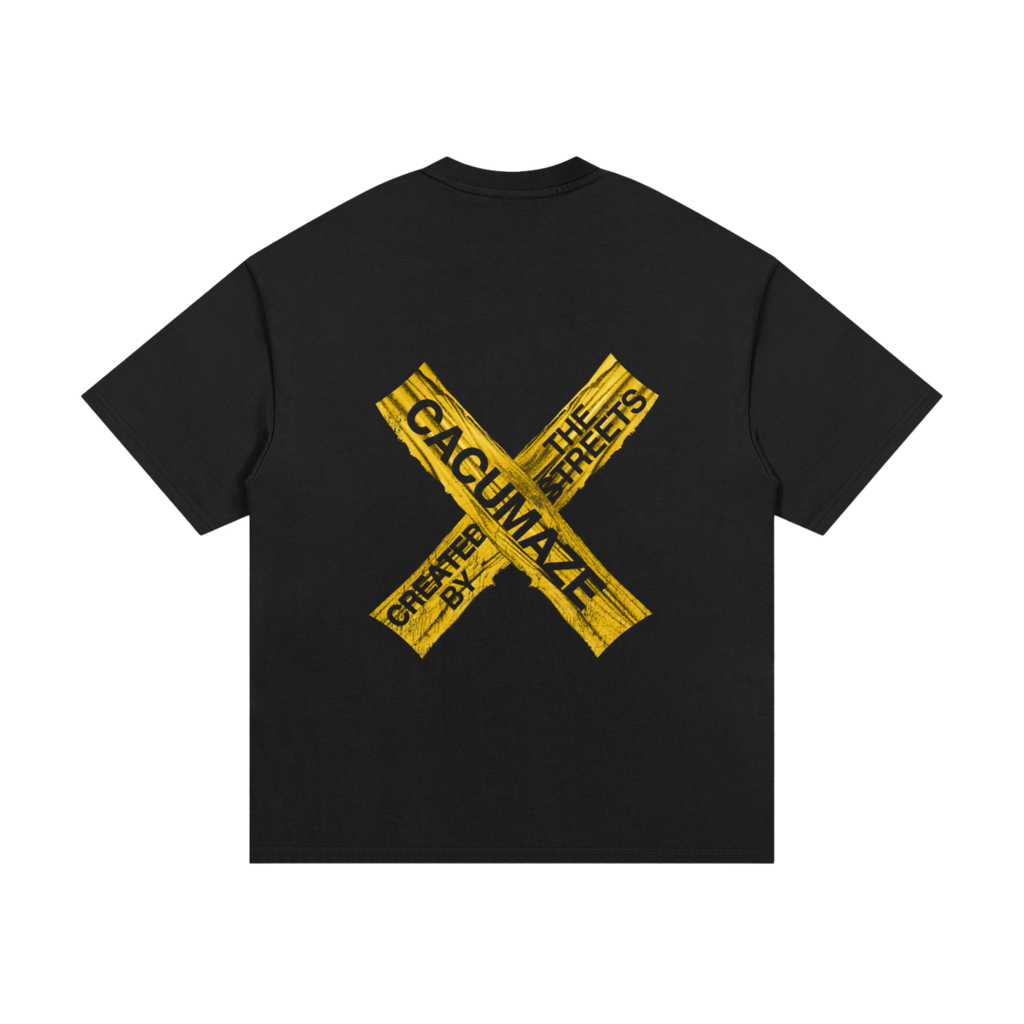 Back of Black t-shirt with yellow graphic design on a white background