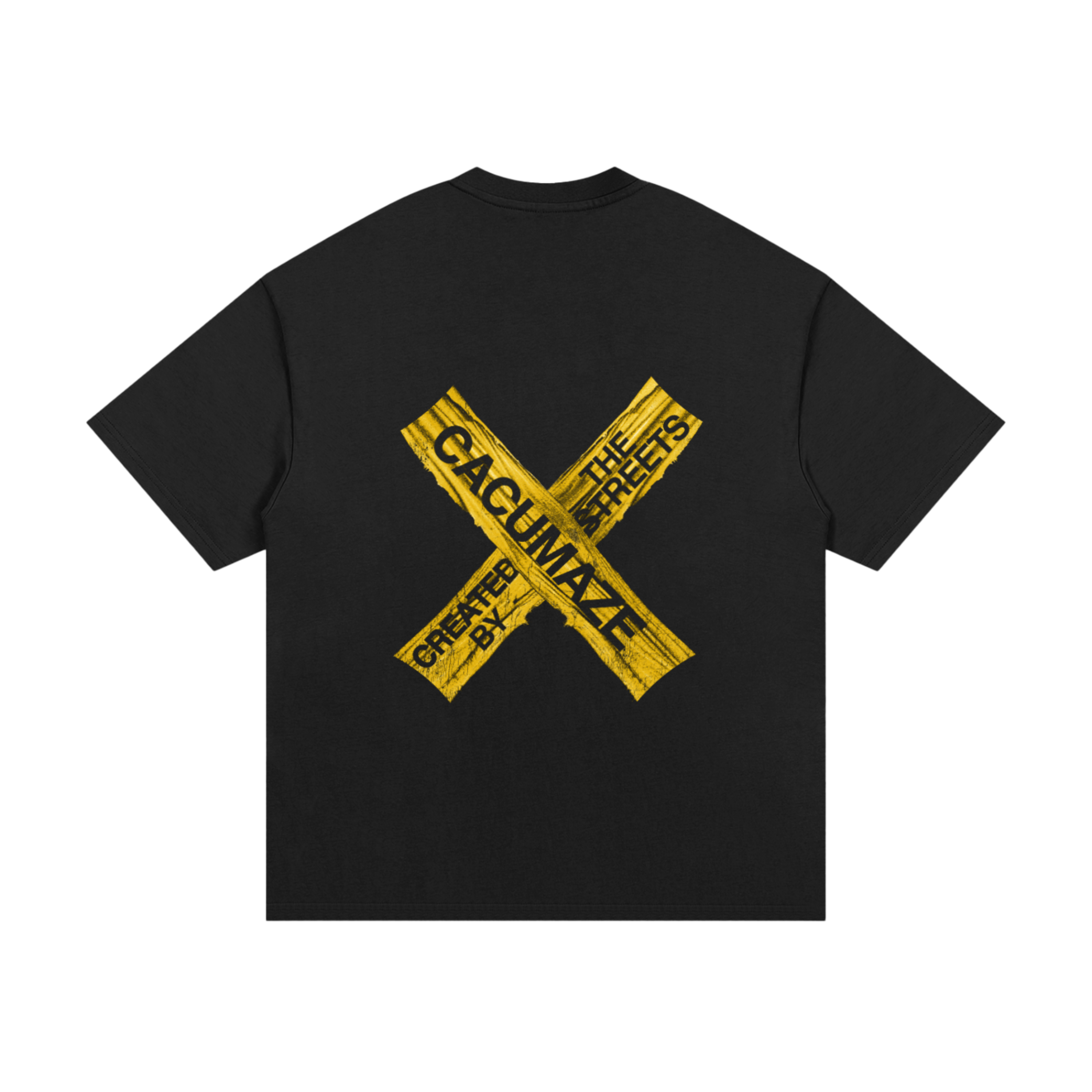 Back of Black t-shirt with yellow graphic design on a white background