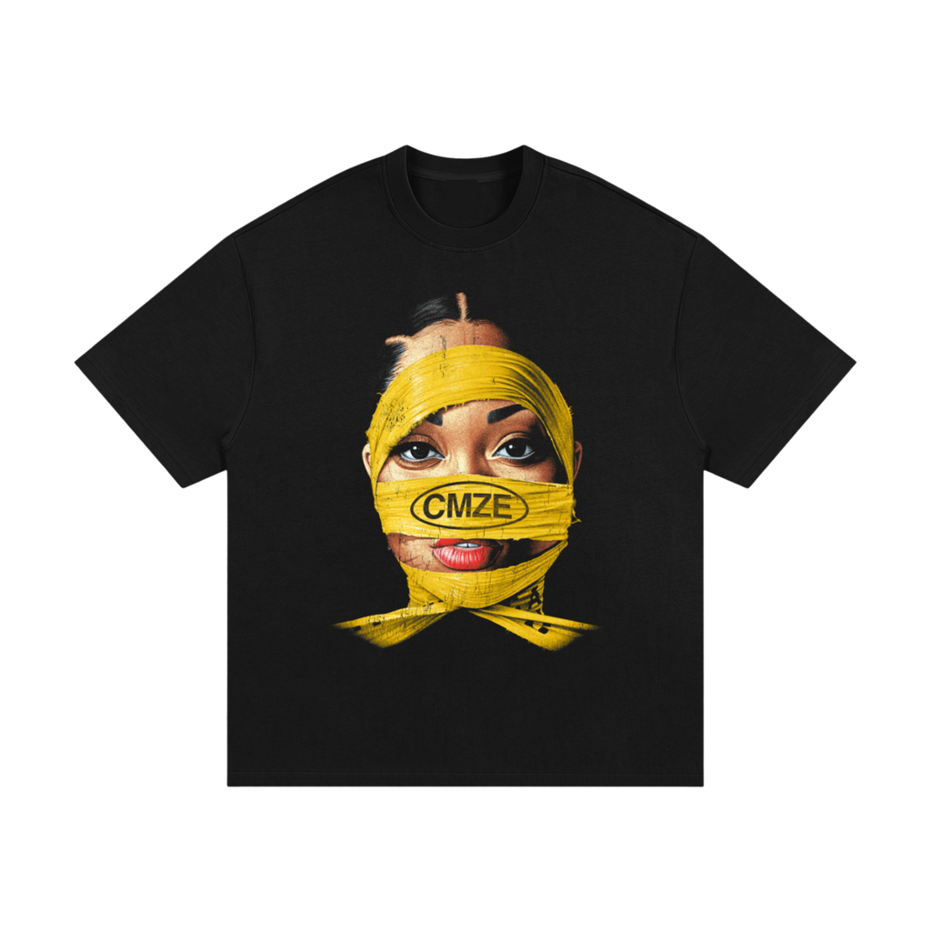 Black t-shirt with a graphic of a face covered by yellow tape featuring 'CMZE' on a white background