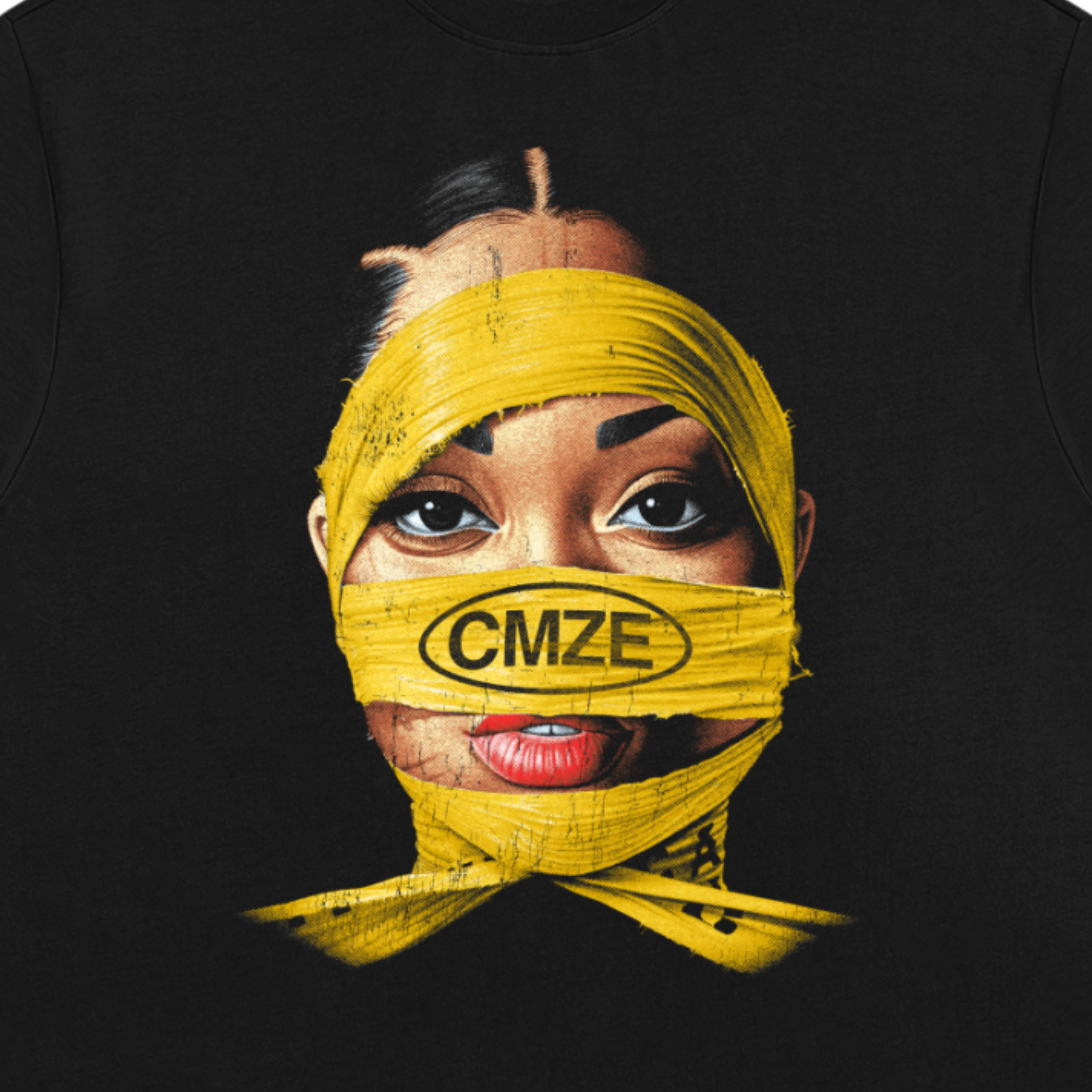 Black heavyweight tshirt with a graphic of a person with yellow wrap and 'CMZE' branding.